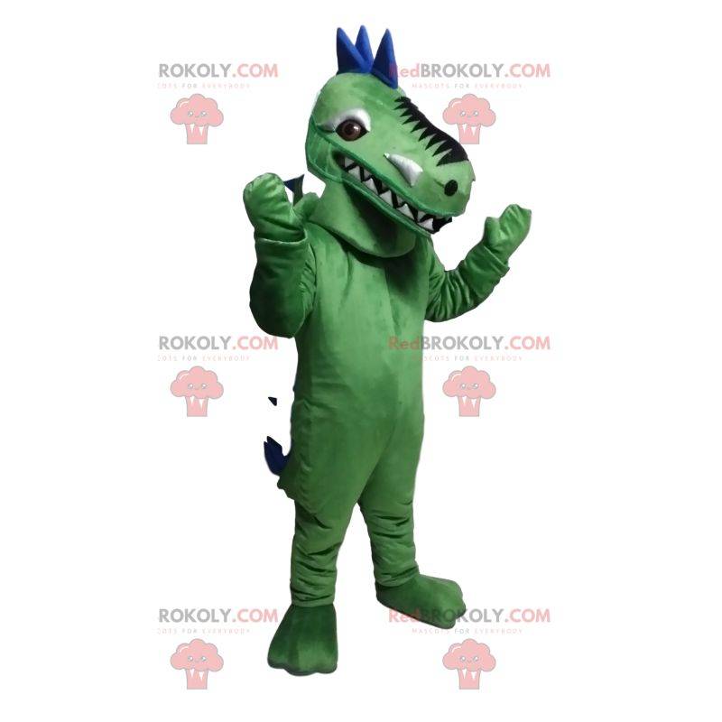 Mascotte dinosauro verde e blu. Costume da dinosauro