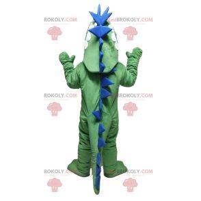 Mascote de dinossauro verde e azul. Fantasia de dinossauro