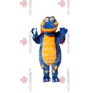 Super šťastný modrý a žlutý dinosaur maskot
