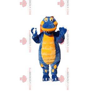 Mascote de dinossauro super feliz azul e amarelo