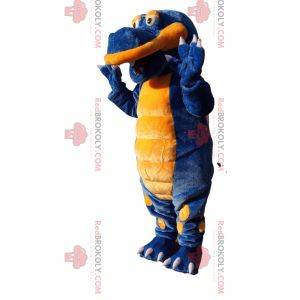 Super glückliches blaues und gelbes Dinosauriermaskottchen