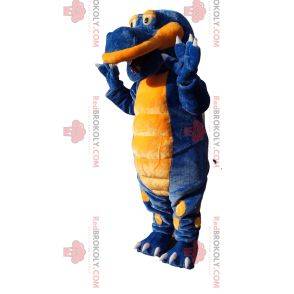 Mascote de dinossauro super feliz azul e amarelo