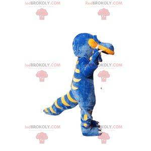 Mascote de dinossauro super feliz azul e amarelo
