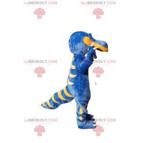 Super šťastný modrý a žlutý dinosaur maskot
