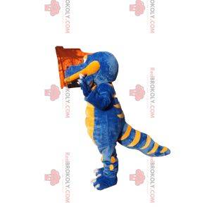 Mascote de dinossauro super feliz azul e amarelo