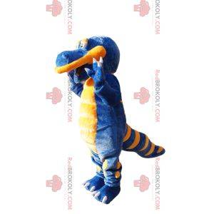 Mascote de dinossauro super feliz azul e amarelo