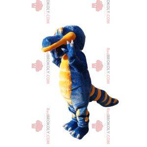 Mascota dinosaurio azul y amarillo súper feliz