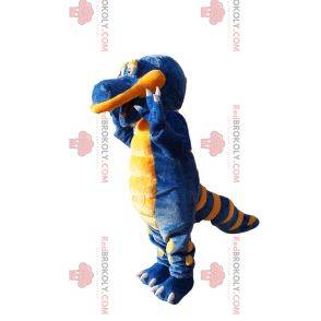 Mascote de dinossauro super feliz azul e amarelo