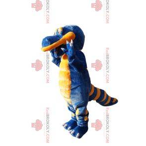 Super happy blue and yellow dinosaur mascot
