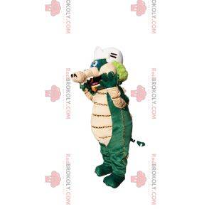 Green and beige dinosaur mascot with a baseball helmet