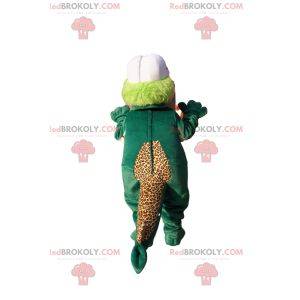 Grünes und beiges Dinosauriermaskottchen mit einem Baseballhelm