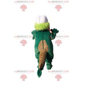 Grünes und beiges Dinosauriermaskottchen mit einem Baseballhelm