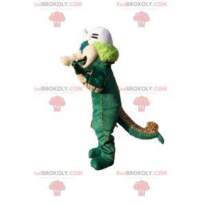 Grünes und beiges Dinosauriermaskottchen mit einem Baseballhelm
