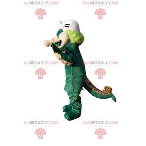 Mascote de dinossauro verde e bege com capacete de beisebol