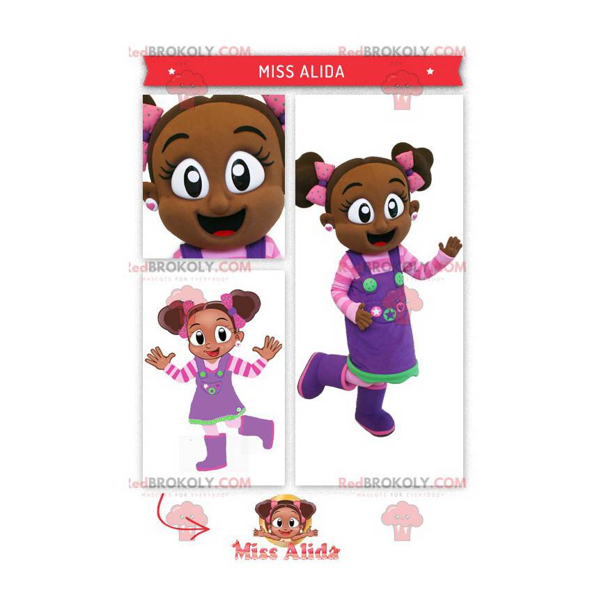 Mascotte ragazza africana in abito rosa e viola - Redbrokoly.com