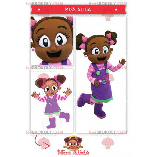 Mascotte ragazza africana in abito rosa e viola - Redbrokoly.com