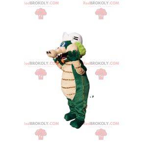 Mascote de dinossauro verde e bege com capacete de beisebol