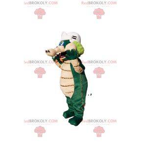 Mascota dinosaurio verde y beige con casco de béisbol