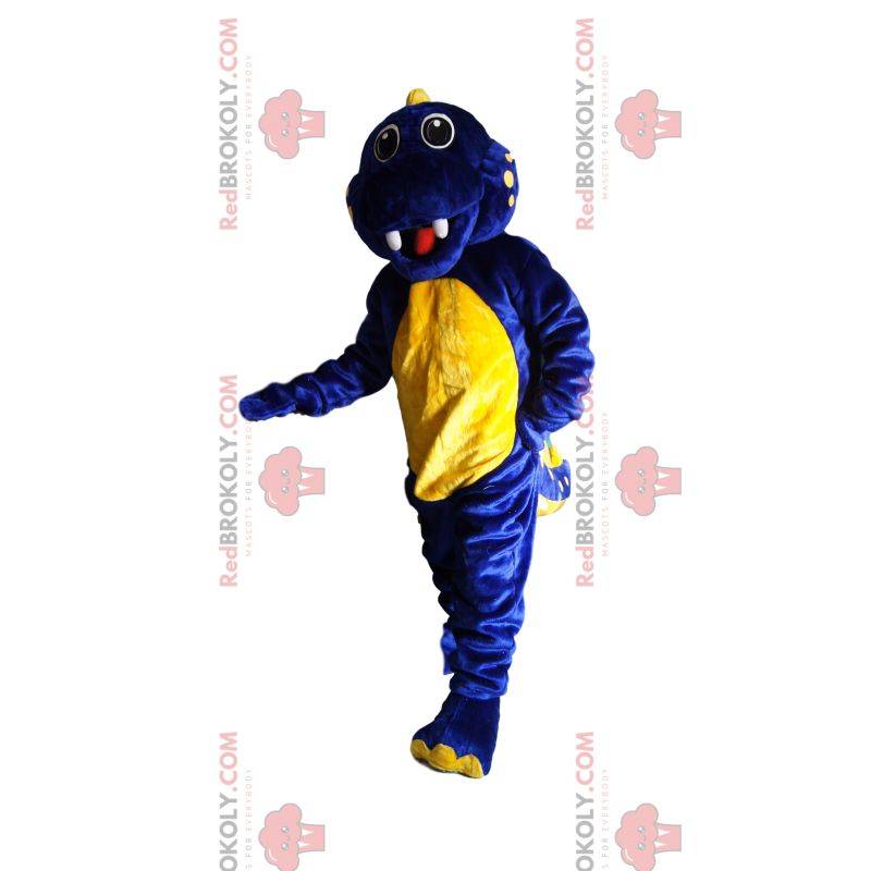 Mascote de dinossauro azul e amarelo super animado