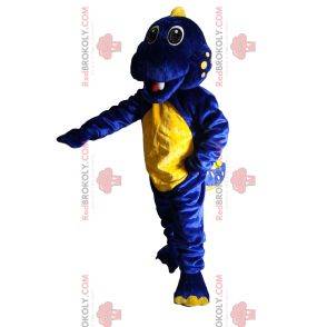 Mascote de dinossauro azul e amarelo super animado