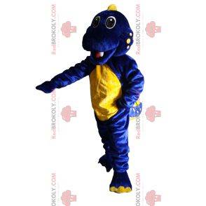 Super aufgeregtes blaues und gelbes Dinosauriermaskottchen