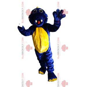 Mascotte dinosauro blu e giallo super eccitato