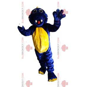 Mascote de dinossauro azul e amarelo super animado