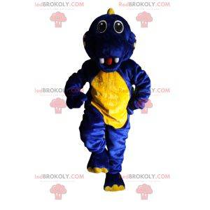 Mascote de dinossauro azul e amarelo super animado