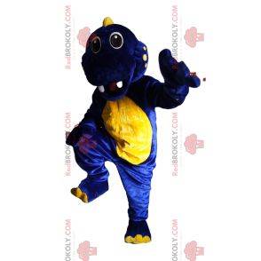 Mascote de dinossauro azul e amarelo super animado