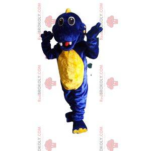 Mascote de dinossauro azul e amarelo super animado