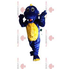 Mascote de dinossauro azul e amarelo super animado