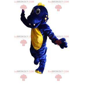 Mascote de dinossauro azul e amarelo super animado