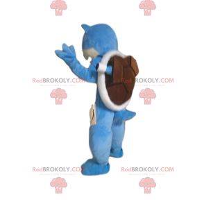Mascote da tartaruga azul com uma concha marrom