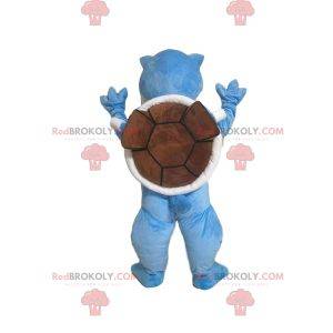 Mascotte blauwe schildpad met een bruine schaal