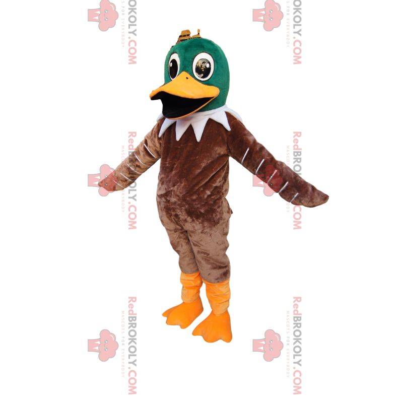 Mascote de pato verde e marrom muito feliz. Fantasia de pato