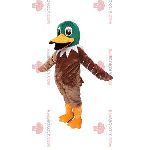 Mascotte de canard vert et marron très heureux. Costume de canard