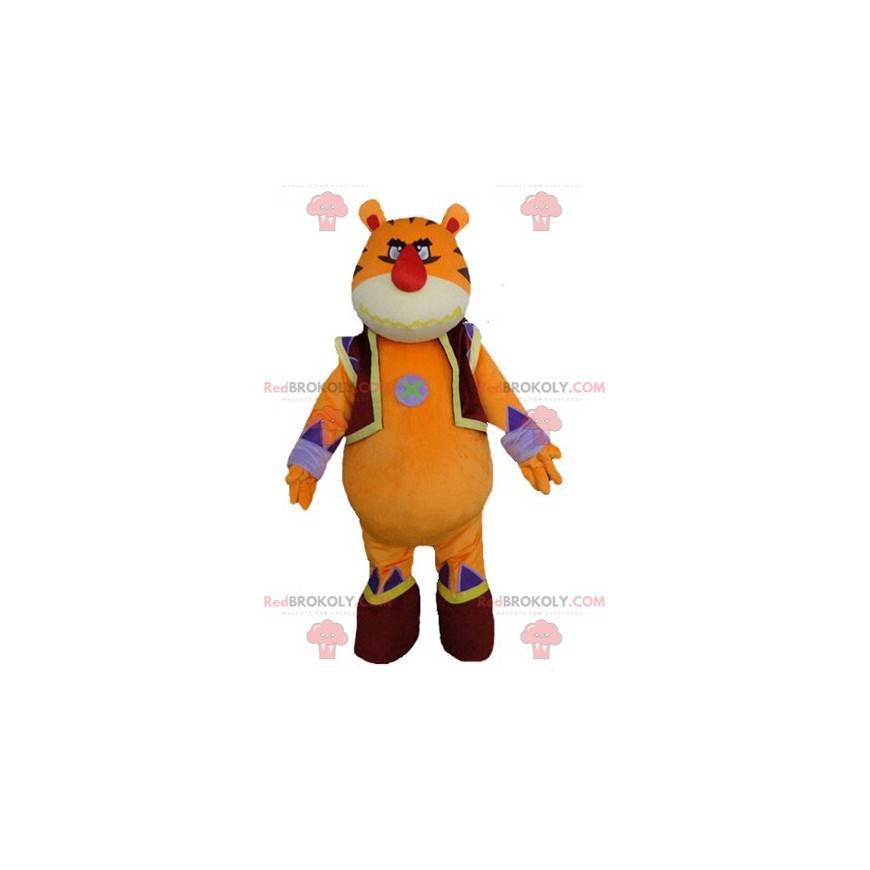 Mascota gigante e impresionante tigre naranja amarillo y azul -
