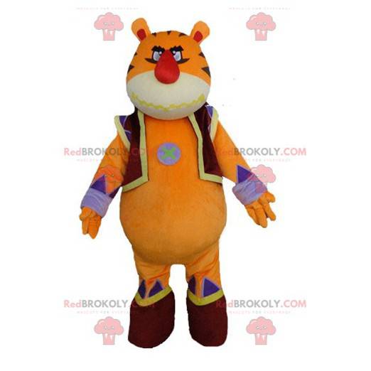 Gigante e impressionante mascote tigre laranja amarelo e azul -