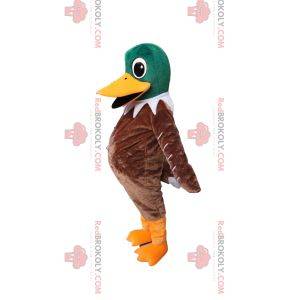 Mascotte de canard vert et marron très heureux. Costume de canard