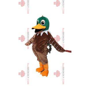 Mascotte de canard vert et marron très heureux. Costume de canard