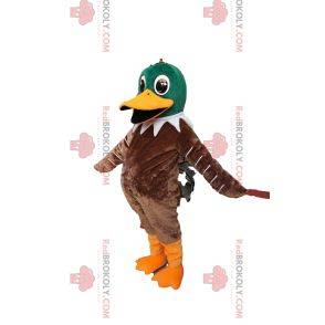 Mascotte de canard vert et marron très heureux. Costume de canard