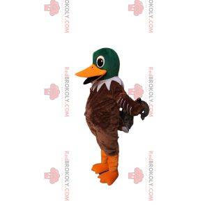 Mascotte de canard vert et marron très heureux. Costume de canard