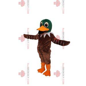 Mascotte de canard vert et marron très heureux. Costume de canard