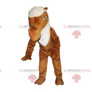 Brown camel mascot with a white mane