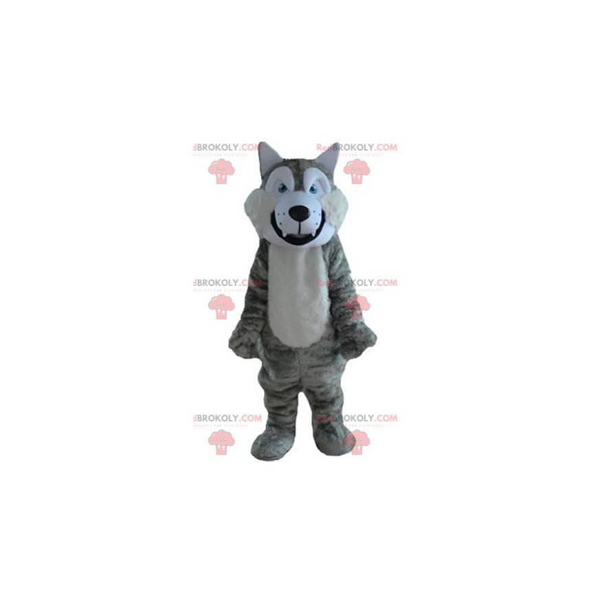 Mascotte de loup gris et blanc doux et poilu - Redbrokoly.com