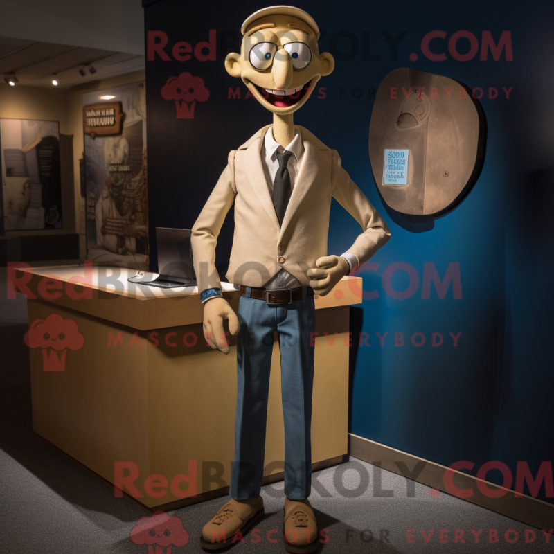 Fantasia de mascote advogado bege com jeans e abotoaduras - Mascotes do advogado - REBROKO_303576 - RedBrokoly.com
