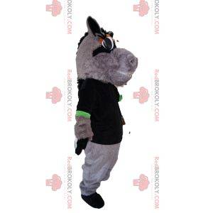 Gray horse mascot with a black t-shirt. Horse costume