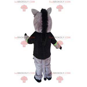 Gray horse mascot with a black t-shirt. Horse costume
