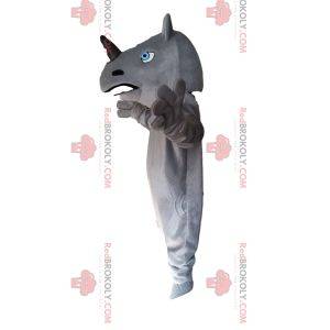 Mascotte de rhinocéros gris et noir, avec des yeux bleus sublimes