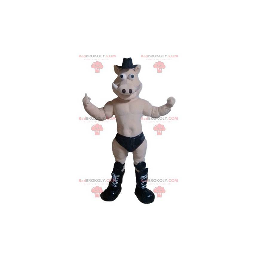 Mascot cerdo jabalí desnudo con calzoncillos negros -